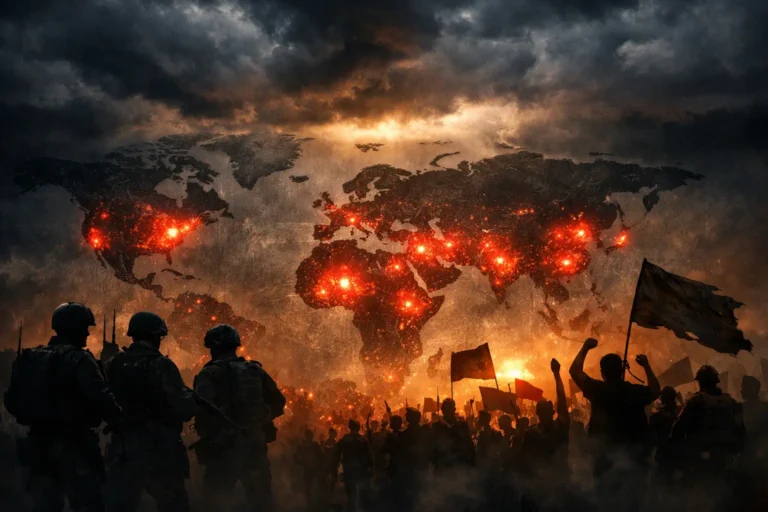 World map showing global conflict zones with red hotspots, soldiers silhouettes, and protest crowds symbolizing countries on the brink of civil war