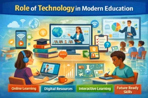 Illustration showing the role of technology in modern education with digital learning tools and online classes