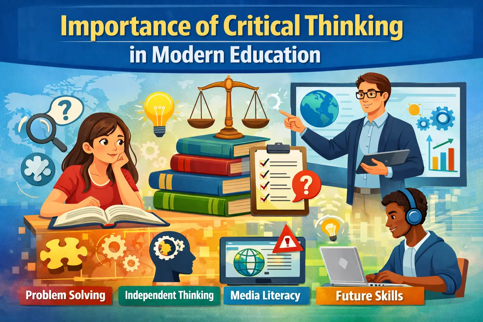 “Importance of critical thinking in modern education illustration showing students learning problem solving and media literacy.”critical thinking in education