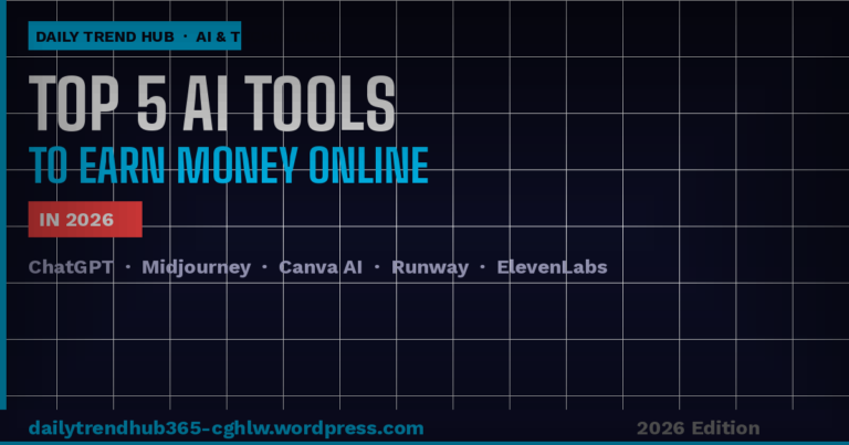 Infographic listing top 5 AI tools — ChatGPT, Midjourney, Canva AI, Runway, ElevenLabs — to earn money online in 2026, by Daily Trend Hub