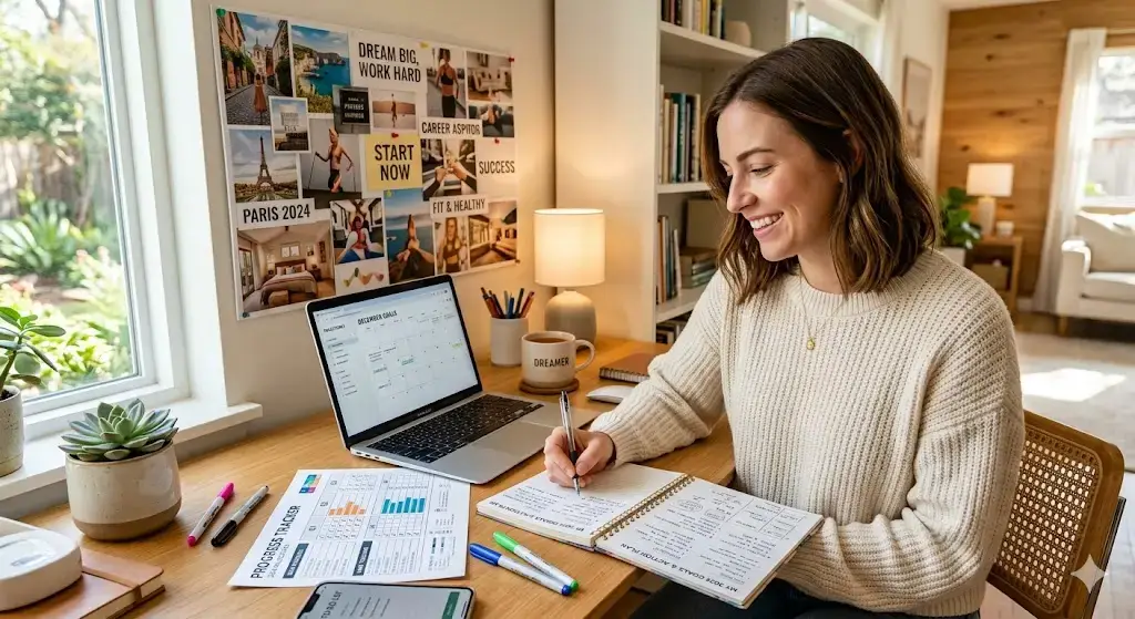 how to set and achieve goals with planner and success roadmap concept