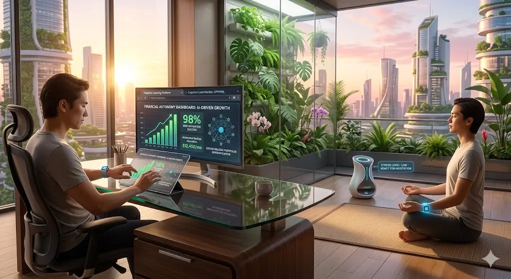 A conceptual image representing the balance between AI technology, financial growth, and personal physical wellness. \\ AI in personal finance , health technology innovation, self-improvement through AI, future-proofing your life, wealth and wellness tech.