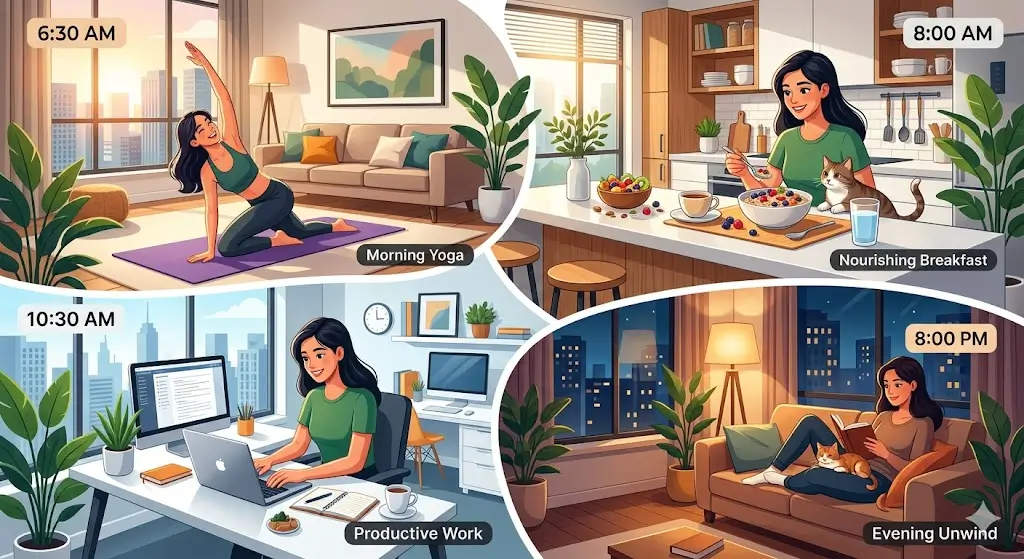 healthy daily routine with exercise, work, and balanced lifestyle concept
