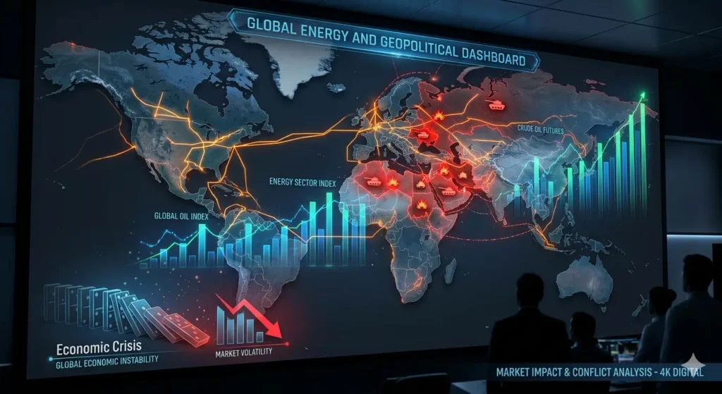 global conflict impact on economy with oil prices and world map illustration global conflict impact on economy