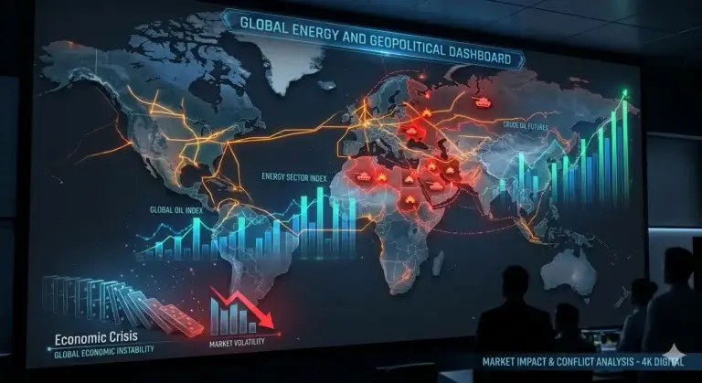 global conflict impact on economy with oil prices and world map illustration global conflict impact on economy