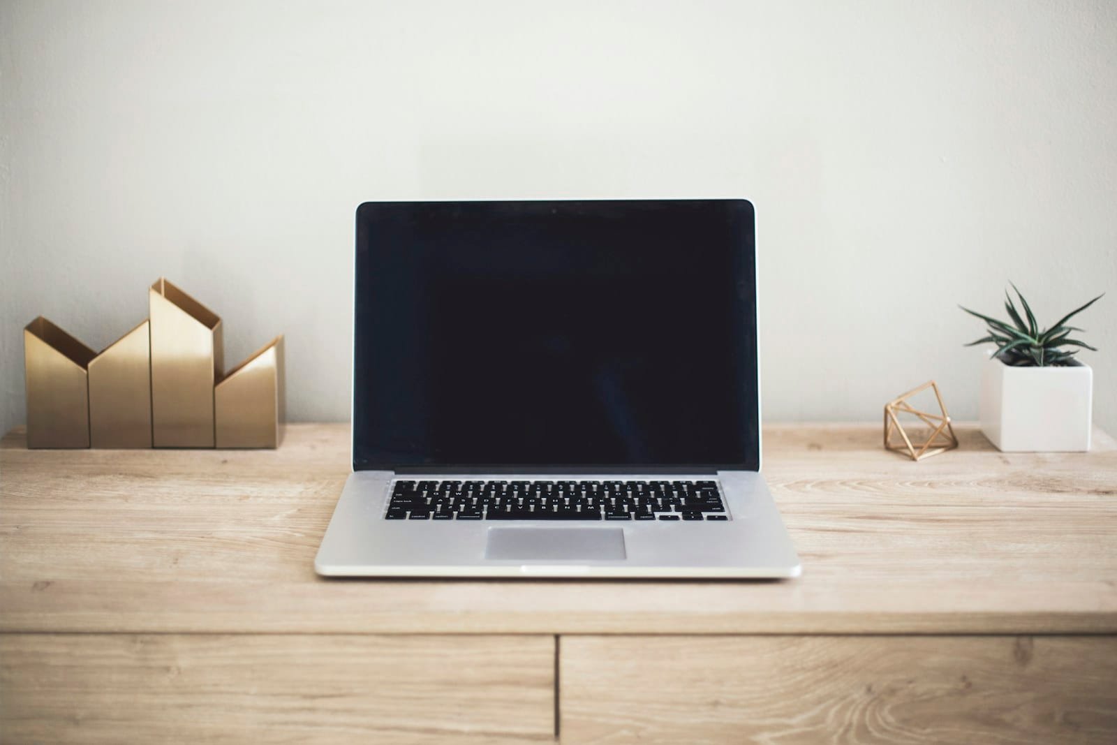 Laptop on a wooden desk beside stationery and a small plant