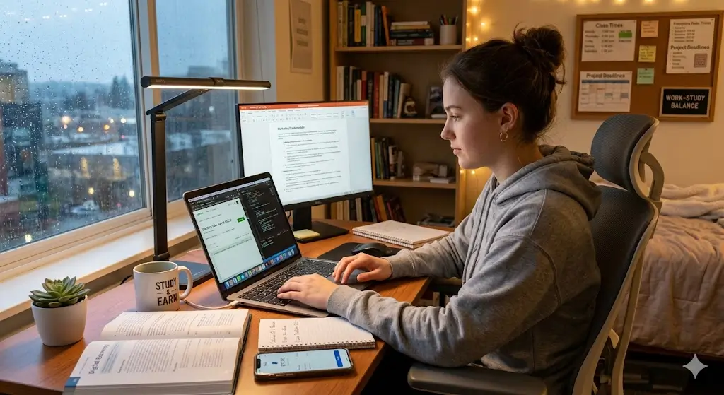 “Student working on laptop at home, earning money online, study and work balance, modern workspace, digital income concept, realistic 4K”