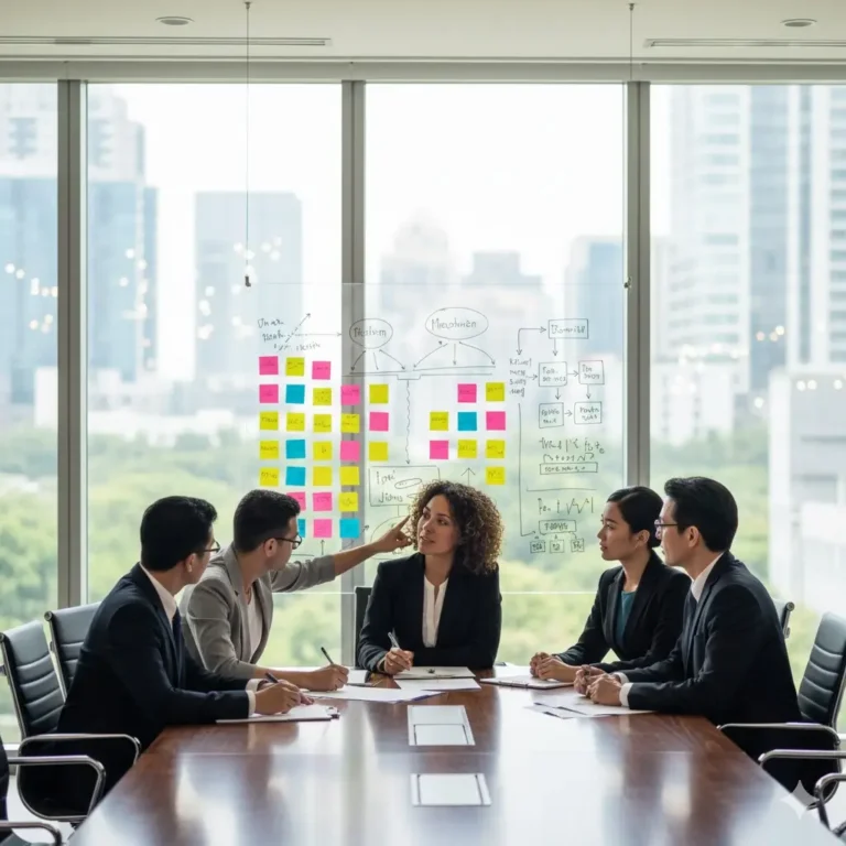 A diverse team of professionals performing a structured brainstorming session in a bright, modern corporate office. || effective brainstorming techniques