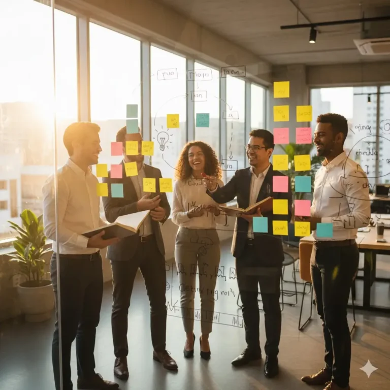 A collaborative professional team using post-it notes on a glass wall for a creative brainstorming session in a modern office. Effective brainstorming techniques