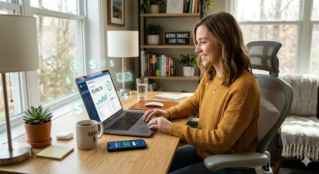 how to earn money online for beginners working from home with laptop and income concept