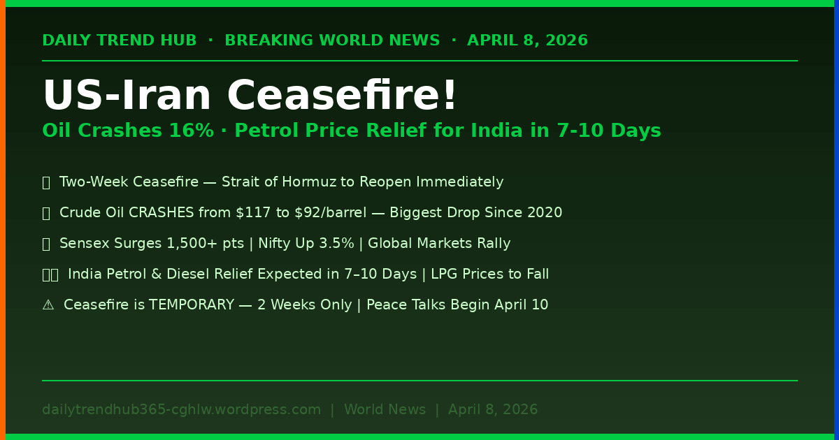 US Iran ceasefire 2026 | US Iran Ceasefire April 8 2026 Oil Crash India Petrol Diesel Relief — Daily Trend Hub