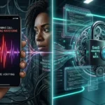 A conceptual digital artwork showing a phone call audio waveform transforming into a key that unlocks a secure cloud database, representing a vishing attack.