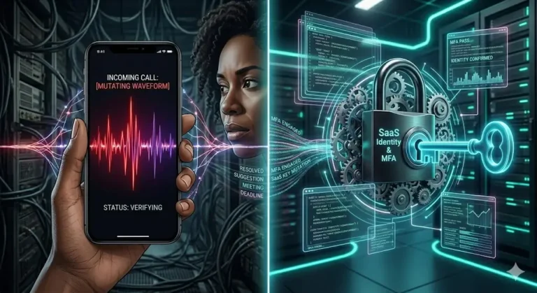 A conceptual digital artwork showing a phone call audio waveform transforming into a key that unlocks a secure cloud database, representing a vishing attack.