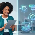 how to use AI agents A small business owner utilizing autonomous AI agents and automated workflows to manage their company's operations seamlessly.