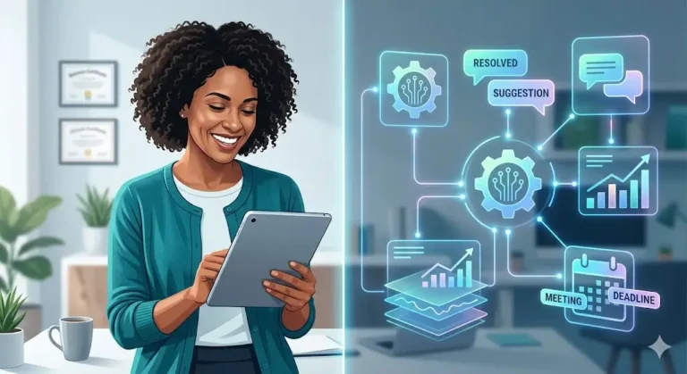 how to use AI agents A small business owner utilizing autonomous AI agents and automated workflows to manage their company's operations seamlessly.