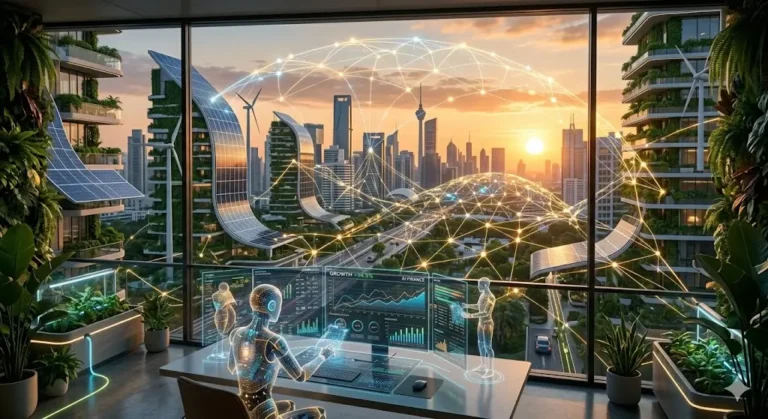 A conceptual visualization of a decentralized autonomous AI network managing urban infrastructure and data flows. generative AI 2026