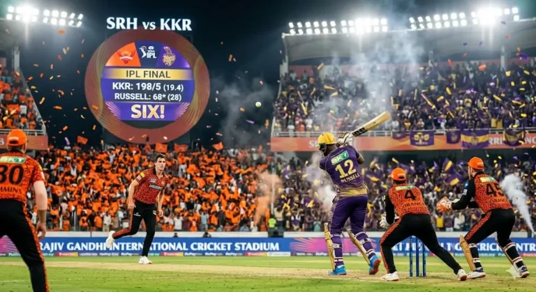 SRH vs KKR 2026match action in a packed cricket stadium