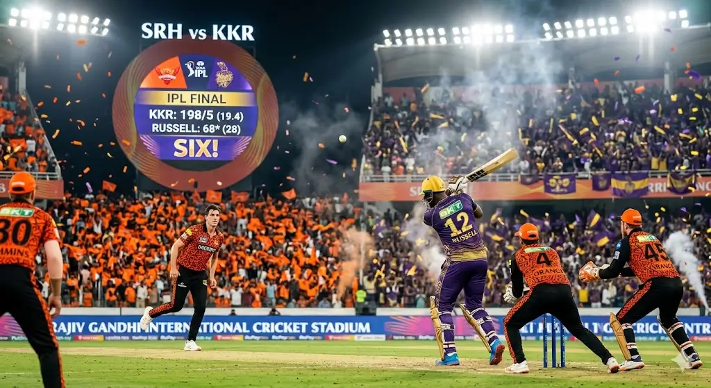 SRH vs KKR 2026match action in a packed cricket stadium