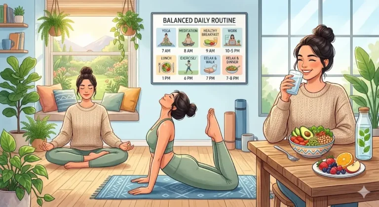 health and wellness tips with yoga, healthy food, and balanced lifestyle concept