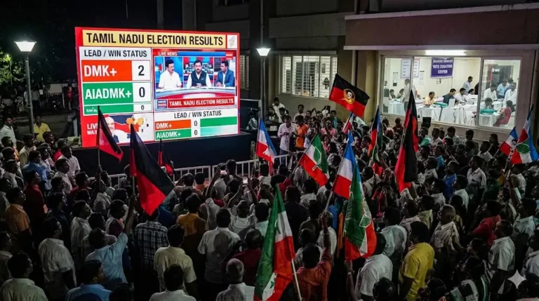 Tamil Nadu election results 2026 vote counting and political party supporters scene