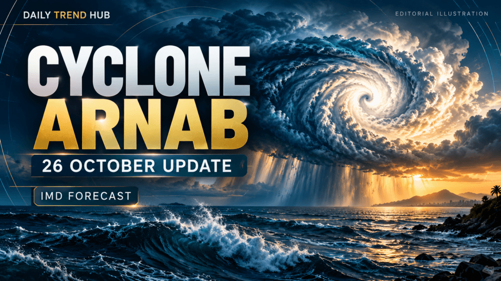 Editorial illustration for the Cyclone Arnab update, showing swirling storm clouds above the sea.