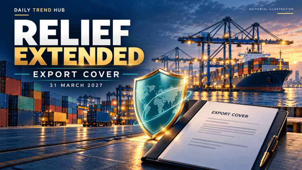 Editorial illustration of the RELIEF scheme extension, showing cargo containers, a ship, a document and a protective shield.