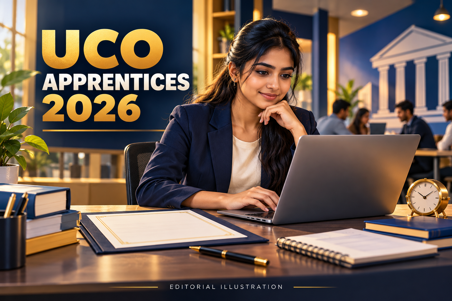 UCO Bank Apprentice 2026 editorial illustration of a graduate reviewing a laptop application at a banking study desk.