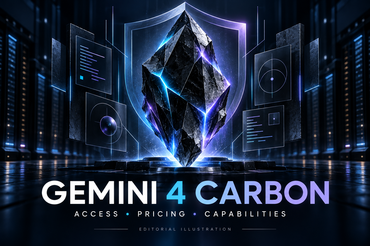 Gemini 4 Carbon conceptual editorial illustration of a dark faceted crystal with code panels and a security shield.
