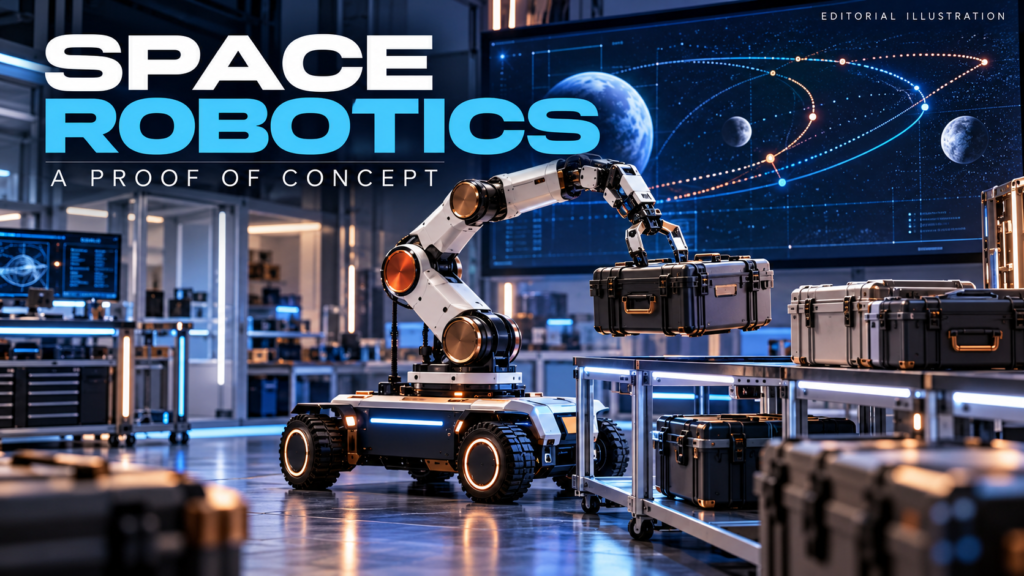 Google NASA robot editorial illustration of a conceptual mobile robotic arm handling equipment cases in a ground laboratory.