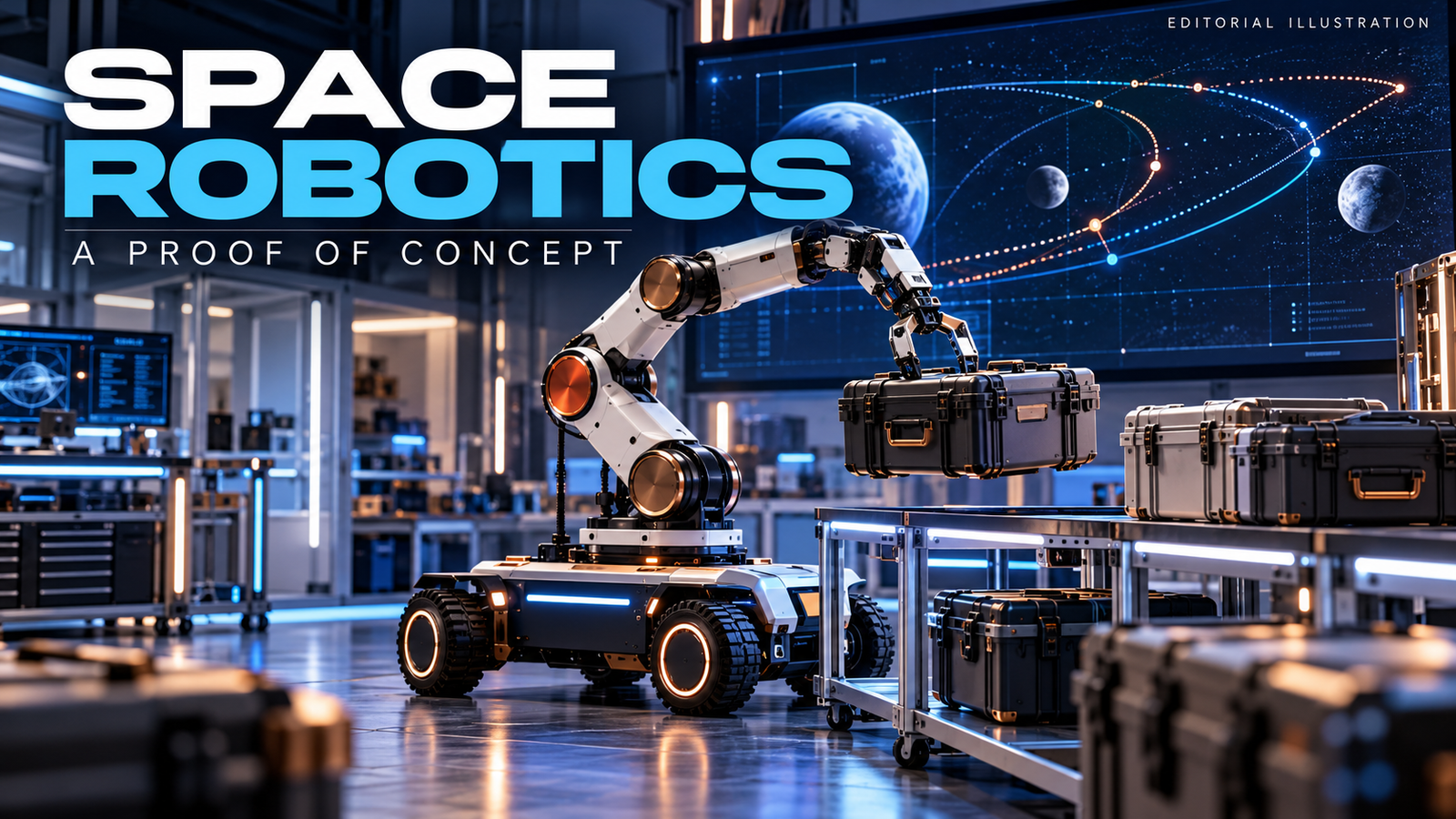Google NASA robot editorial illustration of a conceptual mobile robotic arm handling equipment cases in a ground laboratory.