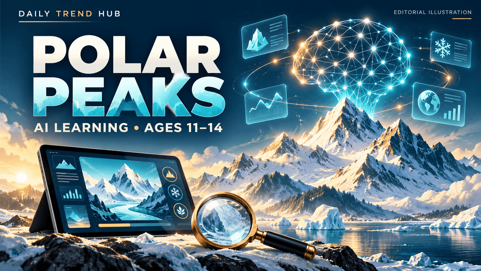 Google Polar Peaks editorial illustration showing snowy peaks, a glowing neural network and students exploring an AI learning activity.