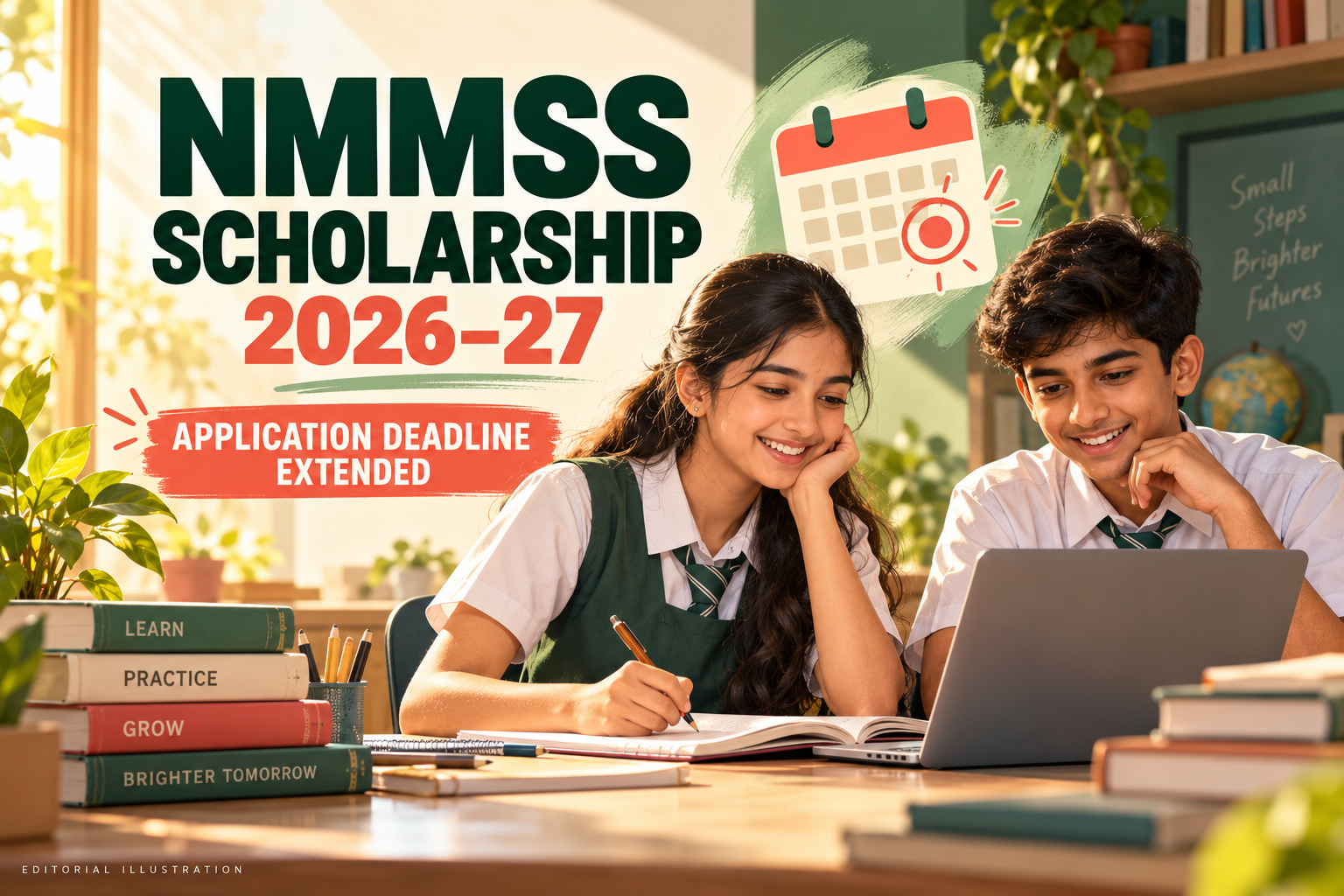 NMMSS Scholarship 2026-27 illustration with two students studying beside a laptop and an abstract calendar