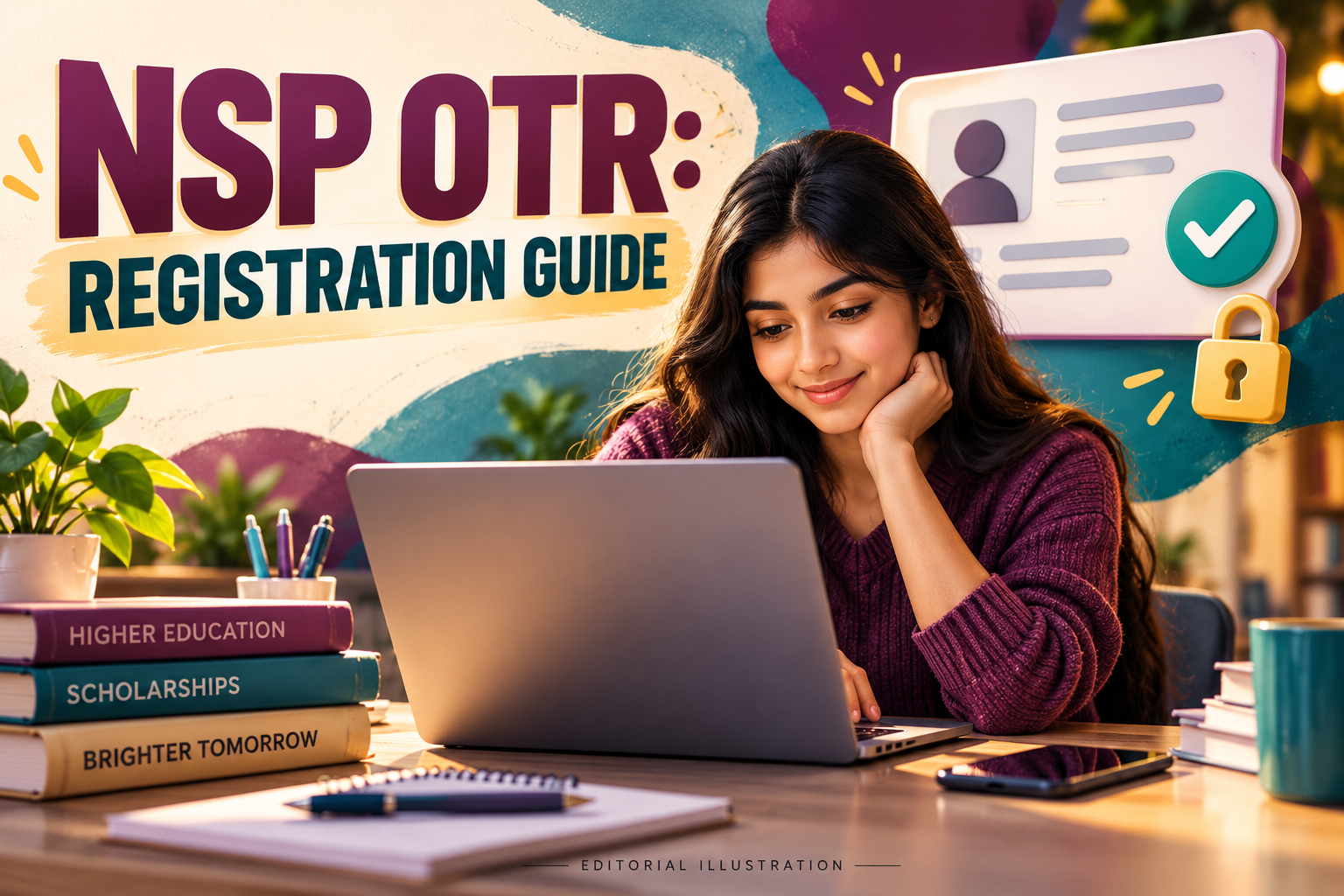 NSP OTR Registration 2026 illustration with a student using a laptop beside an abstract identity card and lock