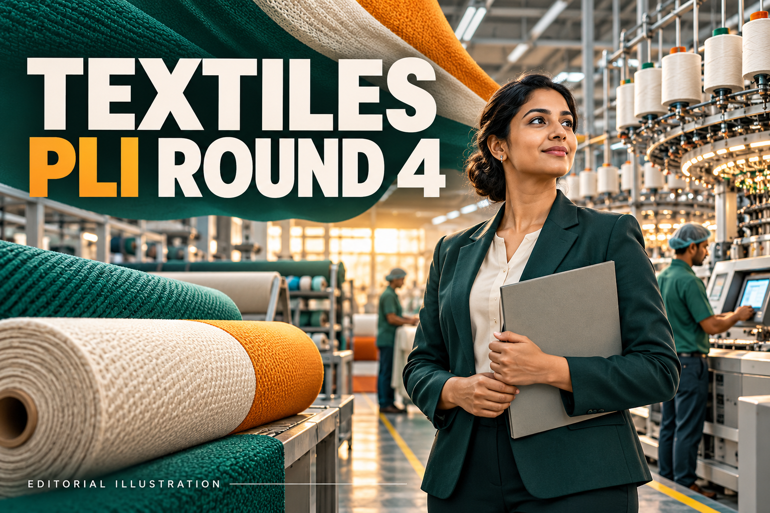 Textiles PLI Round 4 illustration showing engineered fabrics, manufacturing equipment and a business planner